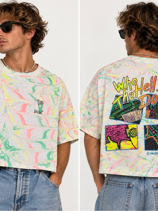 Vintage Other - Vintage 1988 DUDE Sportswear Neon Surf Tee XL Single Stitch Boxy Cropped 80s
